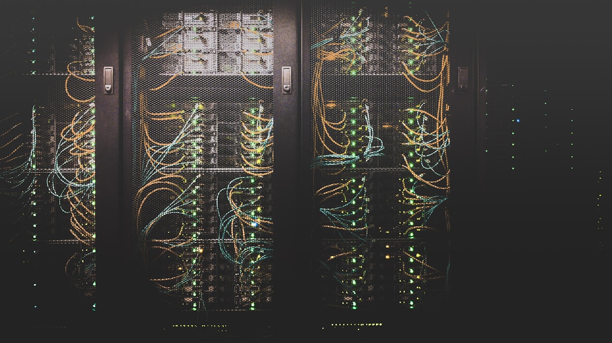 Rack-mounted SMTP servers with active network cabling, representing SMTPmart's dedicated server infrastructure